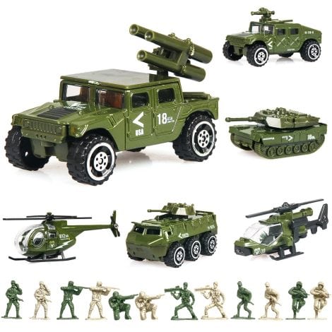 Set of 18 Die-cast Military Vehicles, 6 Mixed Metal Army Car Toys, and 12 Soldier Army Men. Includes Tanks, Helicopters, and more. Suitable for Boys.