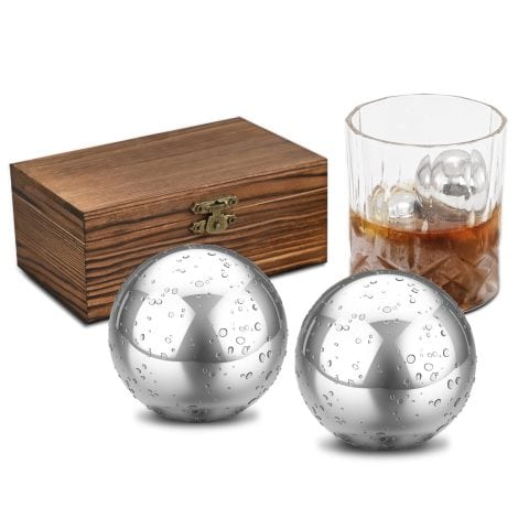 EooCoo Presents for Father, Customized Presents for Gentlemen, Whisky Ice Rocks Set with Timber Case & 2x Reusable Steel Whisky Balls & Bag, for Xmas, Birthday, Retirement, Wedding.