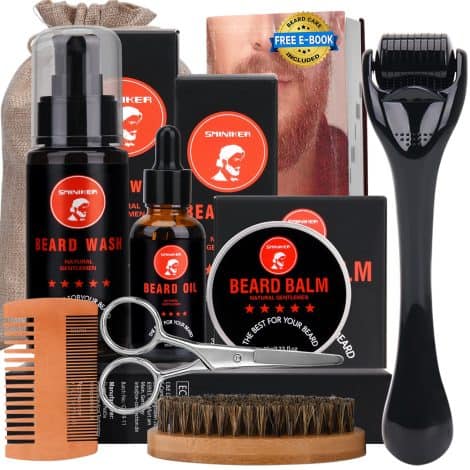 Beard Care Bundle including Beard Roller, Beard Oil, Beard Balm, Beard Wash, Beard Brush, Beard Comb, and Mustache Scissors. Perfect gift for men.