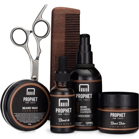 High-quality 6-piece grooming set for men’s beards. Comes with oil, balm, wax, shampoo, comb, and scissors. Ideal gift.