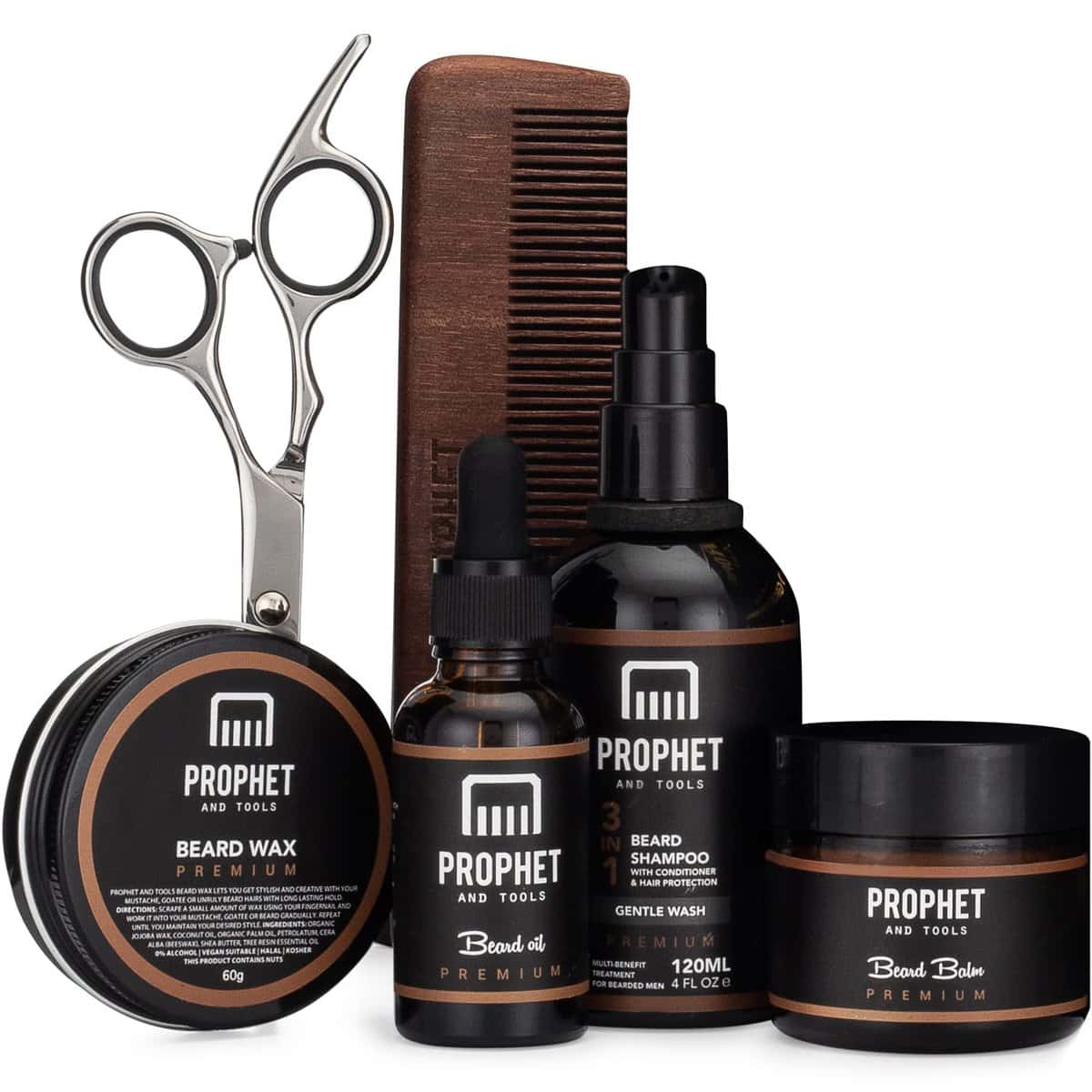 Professional 6 Pieces Mens Beard Grooming Kit - Includes Beard Oil, Balm, Wax, Shampoo, Comb and Scissors - Personal Barber in Your Bathroom - Sexy Black & Gold Box, Perfect as a Gift