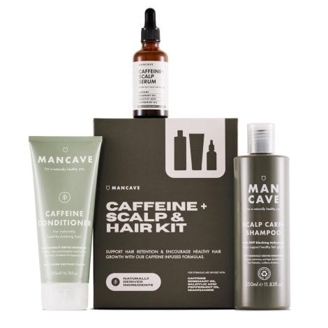 ManCave Caffeine+ Scalp & Hair Kit, featuring three essential hair care products for improved hair and scalp health. The set includes Caffeine Shampoo, Caffeine Conditioner, and Caffeine+ Scalp Serum, all free from sulfates and suitable for vegans.