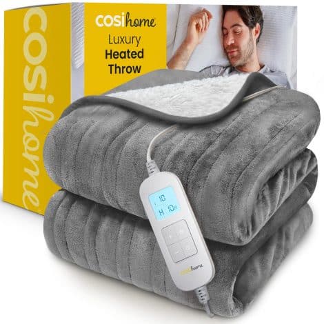 Cosi Home® Deluxe Heated Throw – Electric Blanket – Oversized Heated Blanket, Washable Fleece & Sherpa, Remote, Timer, 10 Heat Levels.