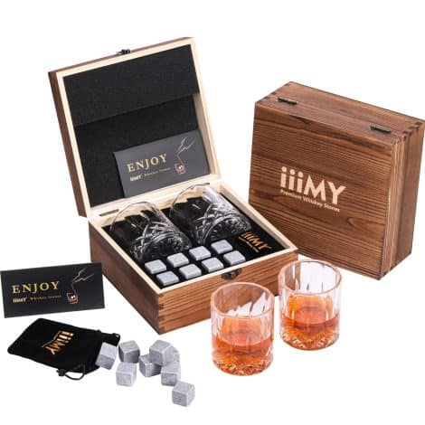 iiiMY Whisky Stones and Glasses Gift Set – Whisky Rocks in Handcrafted Wooden Box – Non-diluting Spirits Kit for Dad, Husband, Men.