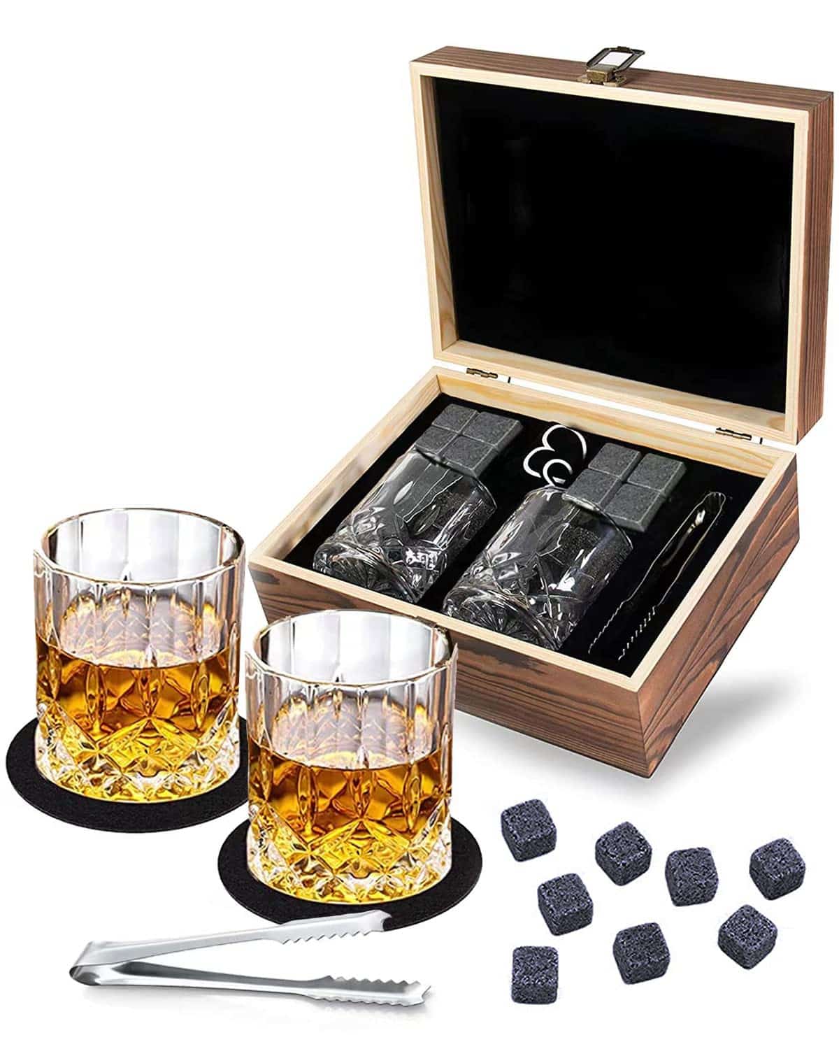 Rantizon Whiskey Gift Sets For Men, Whiskey Glass Set of 2 With 8 Whisky Glass Scotch Bourbon Chilling Stones In Wooden Box Whisky Gift Set - Christmas Birthday Gift For Father Boyfriend Family