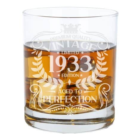 Eternally Stylish 90th Birthday Gift for Men Retro 1933 Aged to Perfection Engraved Whisky Glass- Ideal Present for 90 Year Old Bourbon and Scotch Lover.