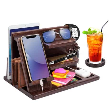 Wooden Phone Docking Station with Key Holder, Wallet Stand, and Bedside Organizer – Ideal Gifts for Men.