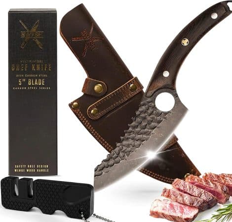 SWYSH Japanese Kitchen Knife – Ideal Cooking Present for Chefs incl. Mini Sharpener – 5″ Expertly Crafted Meat, Fish, and Vegetable Knife – Leather Case, High-quality Packaging.