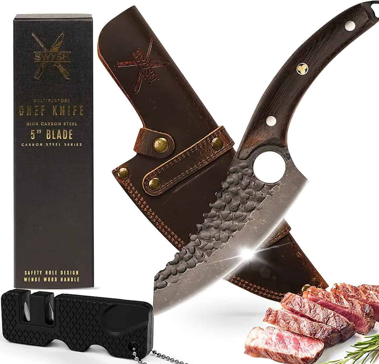 SWYSH Japanese Kitchen Knife - Perfect Cooking Gift for Chefs with Mini Sharpener - 5" Professionally Designed Sharp Meat Knife, Fish Vegetable Knife - Leather Sheath, Premium Box