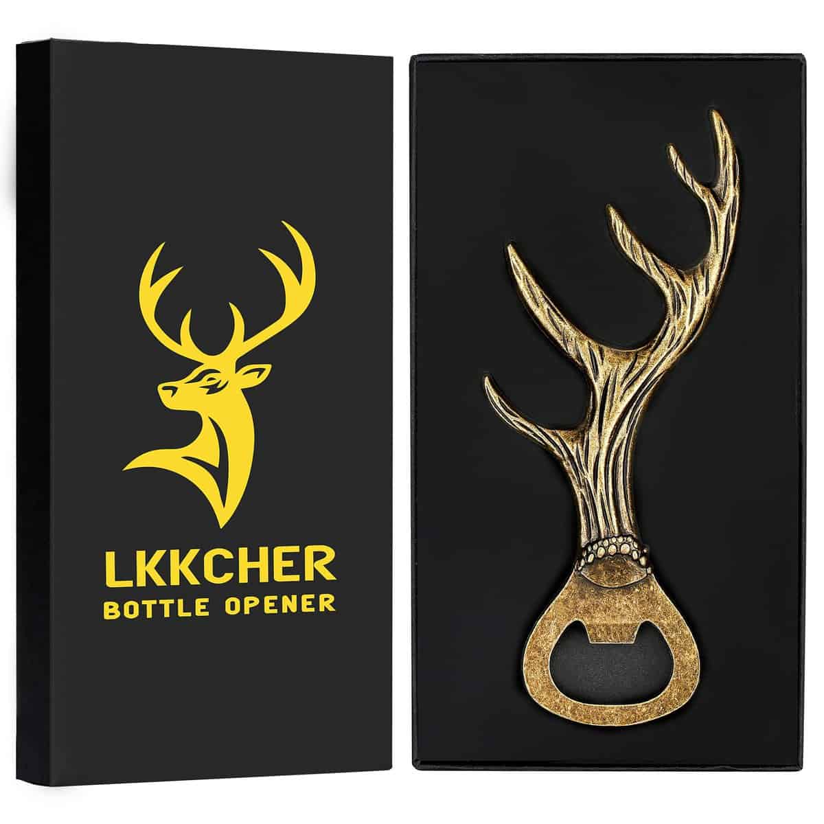 LKKCHER Deer Antler Bottle Opener, Bronze Stag Beer Opener, Fathers Gifts Christmas Birthday Gifts for Men Women Dad Mom Husband Boyfriend, Stag Gifts Hunters Gifts Beer Gifts for Men Father