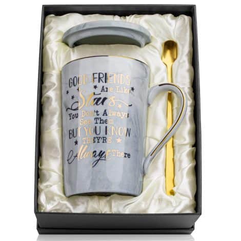 Doublewhale Friend Gifts for Women Men, Friend Christmas Gifts, Good Friends are Like Stars Mug, 14OZ Grey Ceramic Coffee Cup, Friendship Gift, Gift Boxed with Gold Spoon, Greeting CardDoublewhale Friend Gifts for Both Genders, Festive Gifts for Friends, Stellar Friends Mug, 14OZ Ceramic Coffee Cup in Grey, Symbolic Gift Box with Gold Spoon and Greeting Card.