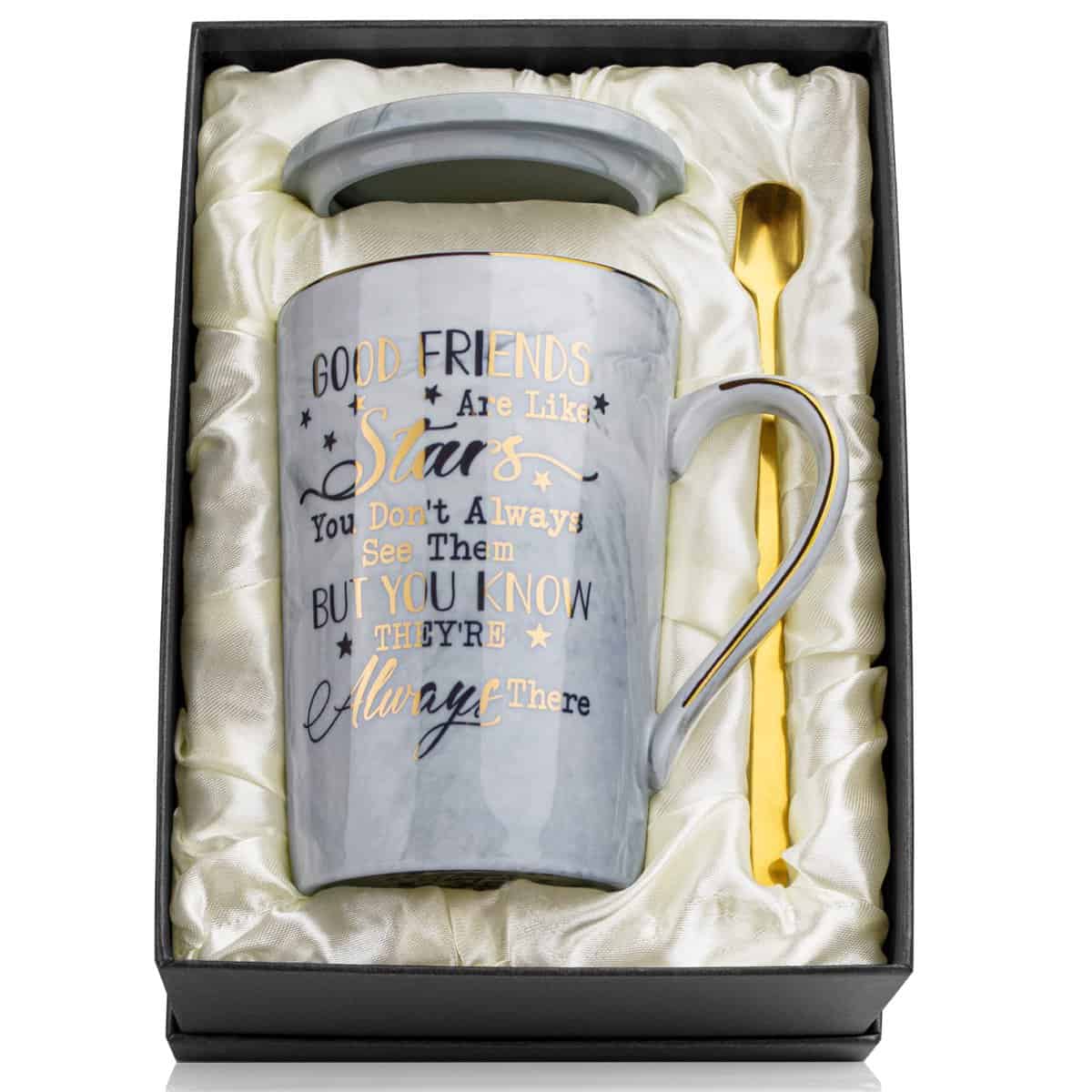 Doublewhale Friend Gifts for Women Men, Friend Christmas Gifts, Good Friends are Like Stars Mug, 14OZ Grey Ceramic Coffee Cup, Friendship Gift, Gift Boxed with Gold Spoon, Greeting Card