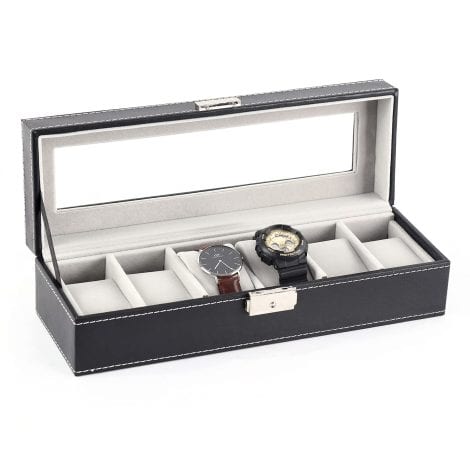 HEOMU 6-Slot Leather Watch Box Luxury Display Case for Jewelry Storage with Glass Organizer.