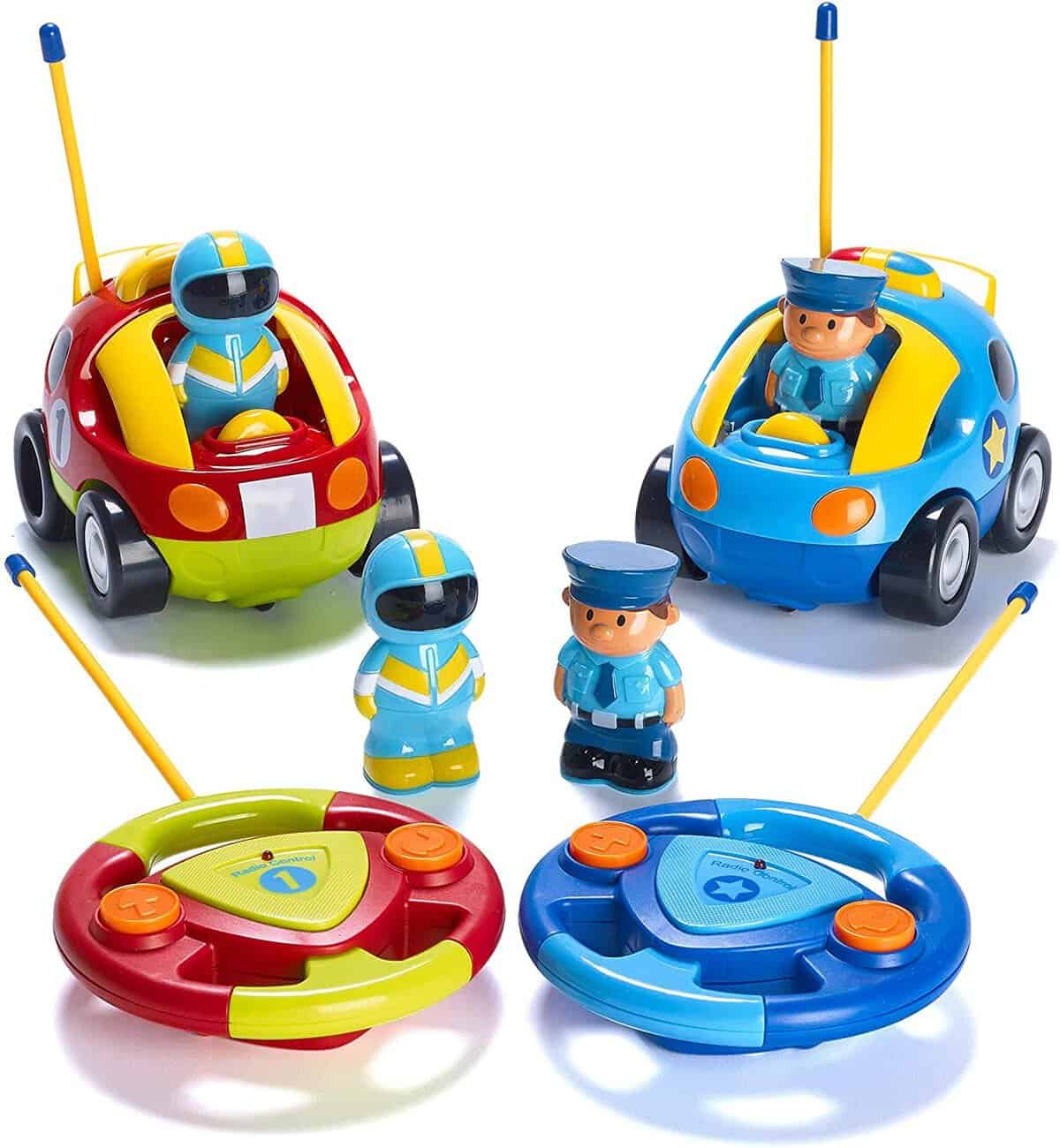 Prextex 2-Pack RC Cartoon Cars: Remote Control Cars for Kids Age 2-3 | Kids Remote Control Police and Race Car Toys for Boys | Great Stocking Fillers for Toddlers Age 2-3