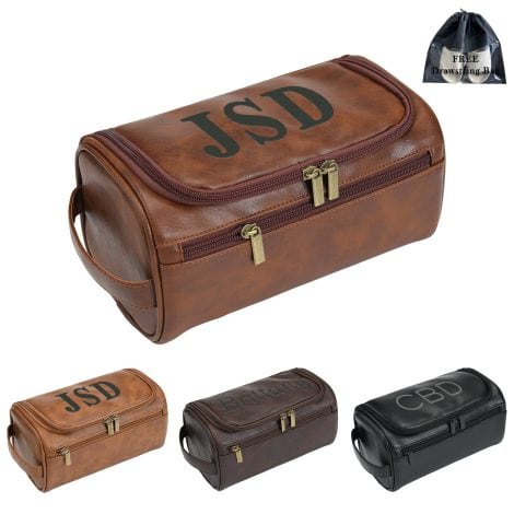 Bleggeit Engraved Leather Dopp Kit with Hook: Customised British toiletry bag for men, ideal groomsmen or anniversary gift, with monogrammed name.