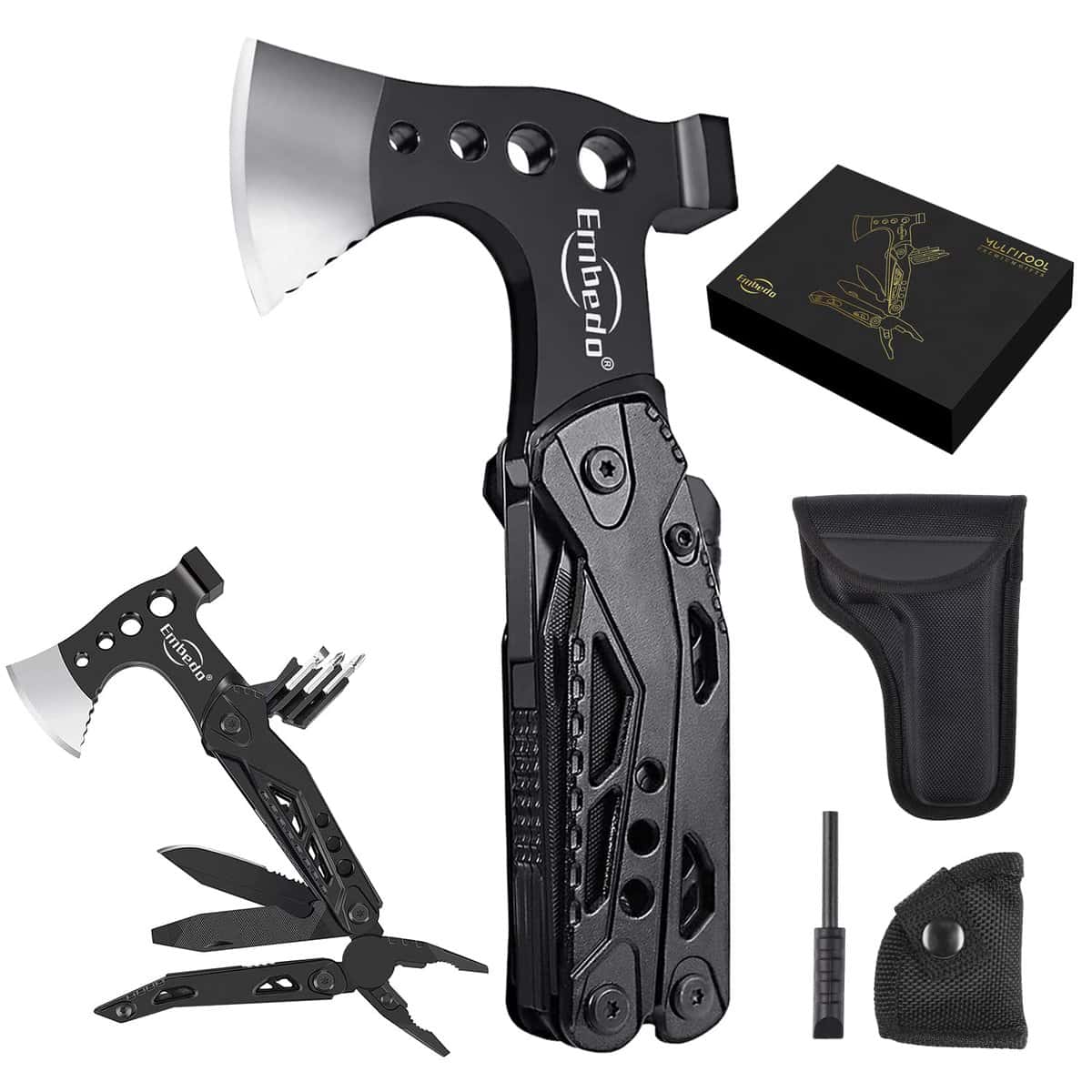 Multi Tool Axe, Embedo Foldable 15 in 1 Multitool Survival Equipment, Gift for Birthday/Fathers Day/Valentines,Gadgets for Men Outdoor, Camping, Hiking, Simple Repair