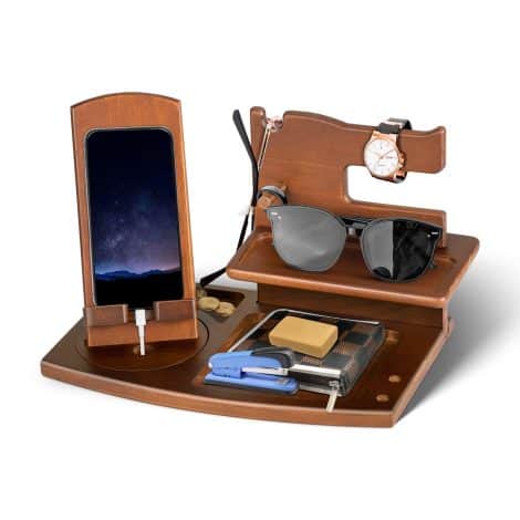 Christmas wooden phone docking station and bedside organizer for men, perfect for gifting to fathers, husbands, or boyfriends.