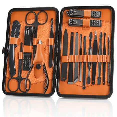 OWill Manicure Set, a sophisticated 18-piece nail care kit in black and brown, perfect for men and gifting.