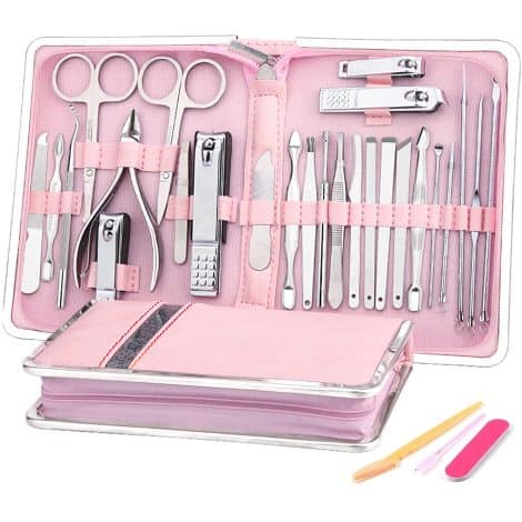 SONGQEE Nail Care Kit in Pink Leather for Women/Men with 29pcs Stainless Steel Tools for Manicure and Pedicure.