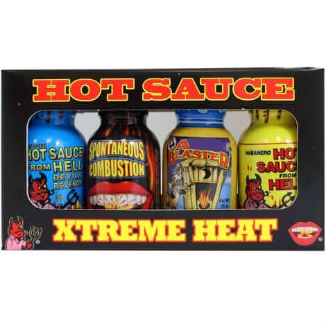 Xtreme Heat Hot Sauce Bottles Gourmet Gift Set, Travel Size – 4-Pack – Ideal Christmas Present for Spicy Food Fanatics.