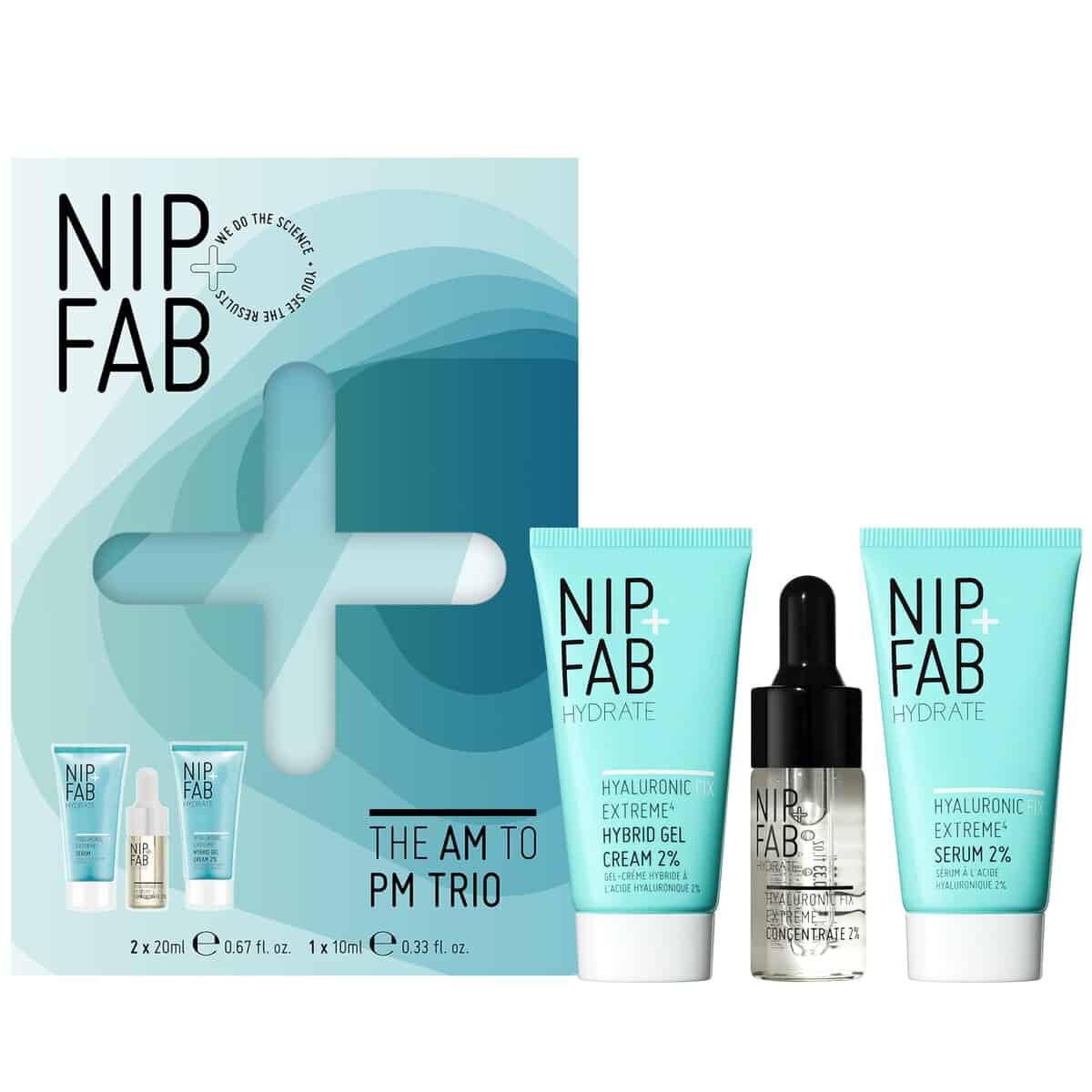 Nip+Fab Christmas Gift Set - AM to PM Trio Set, The Full Cycle of Hydration for Plump, Smooth, Dewy Face Skin, Bestselling Hyaluronic Fix Extreme4 Range