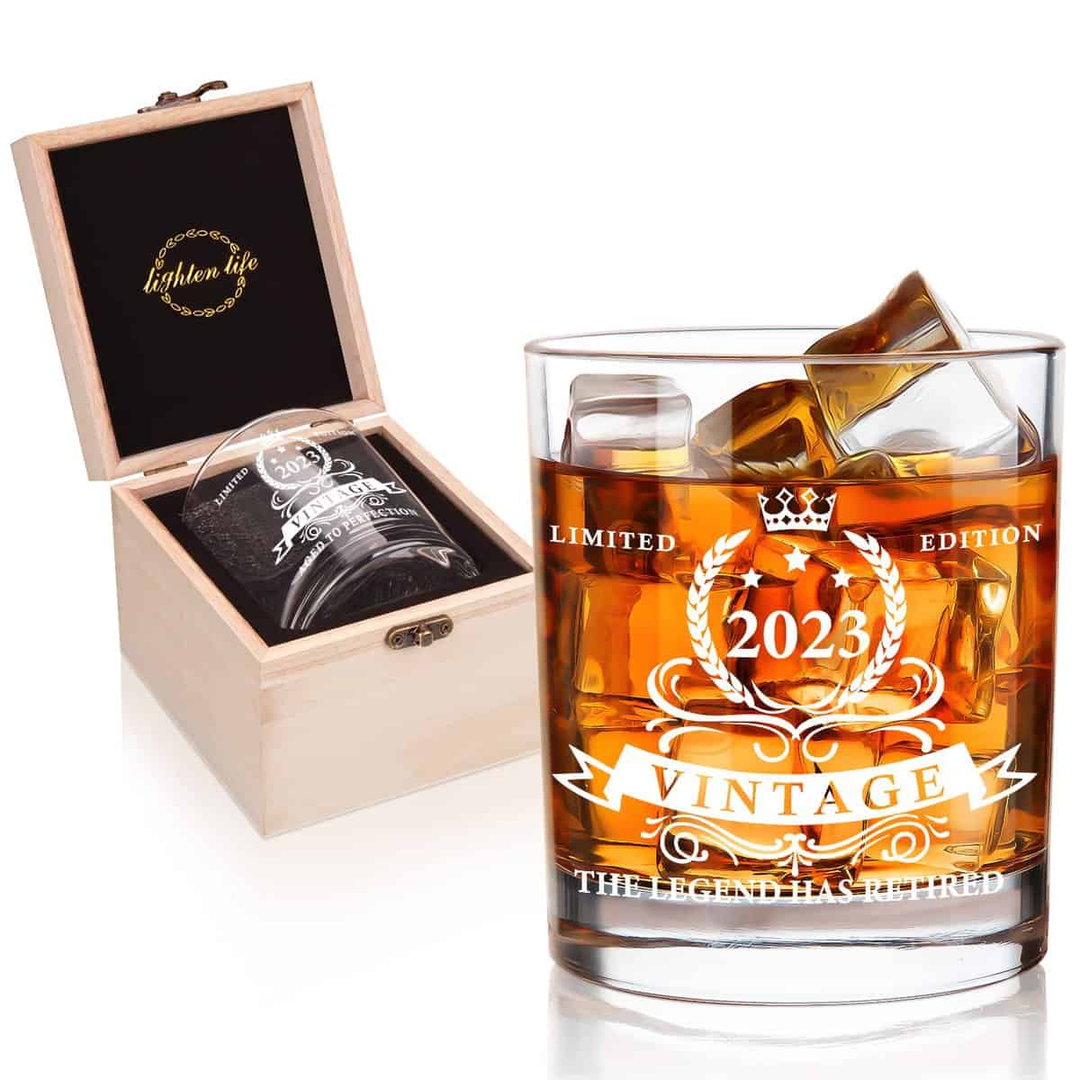 LIGHTEN LIFE The Legend Has Retired 2023 Whiskey Glass 360 ml,Funny Retirement Bourbon Glass in Valued Wooden Box,Retirement Gift Ideas for Men,Dad,Husband,Retirement Glass Party Deco