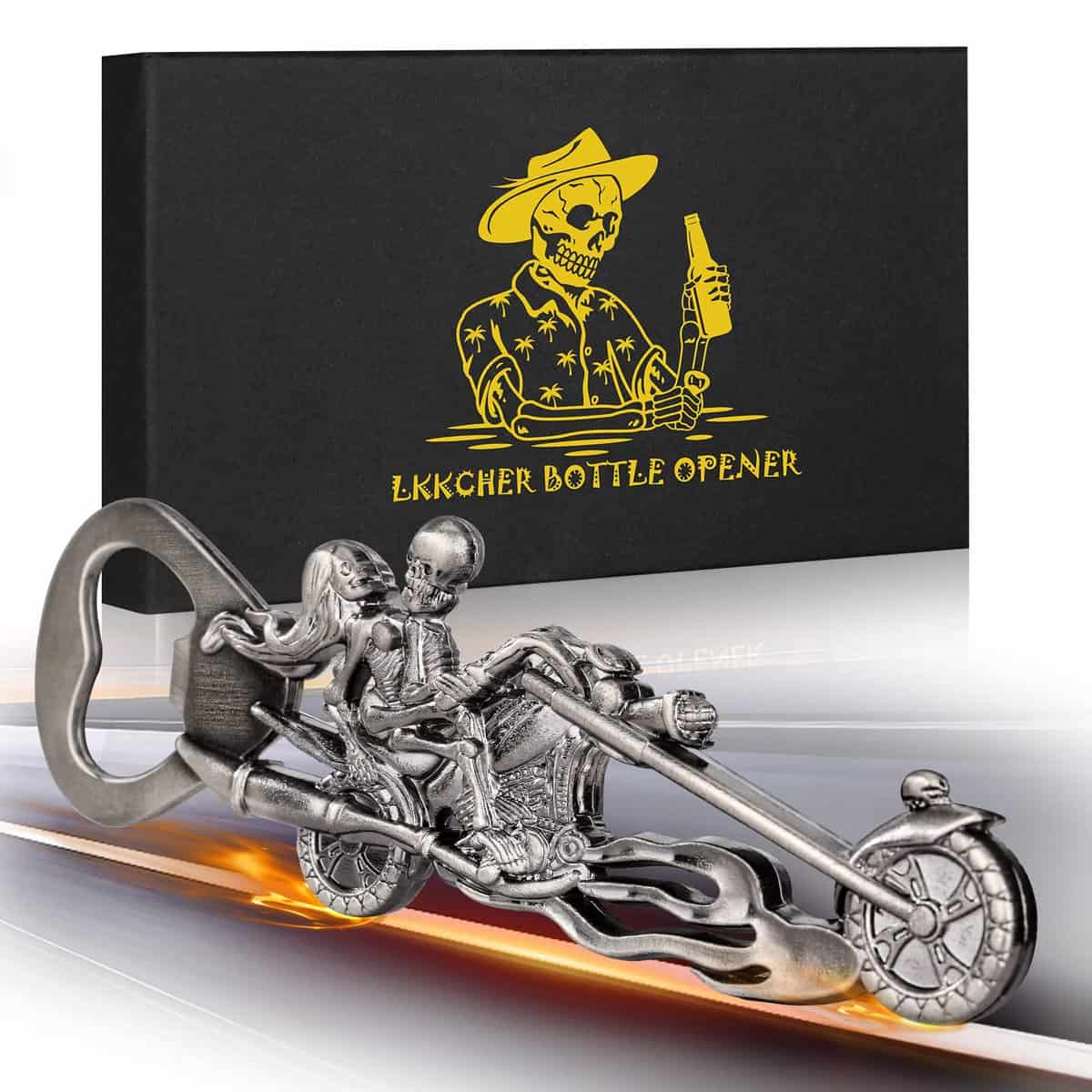 LKKCHER Skull Gifts, Skeleton Bottle Openers, Fathers Gifts Birthday Halloween Christmas Gifts for Men Him Dad Women Boyfriend, Silver Skeleton Rider Skull Motorbike Motorcycle Gifts for Men