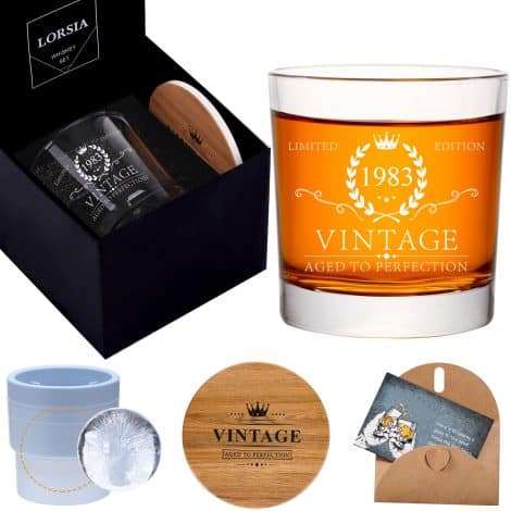 40th Birthday Presents for Males and Females, Whisky Glass Set in Presentation Box, 40th Birthday Ornaments for Him, Father, Spouse, 40-Year Celebration, Bday Gift Suggestions – Ice Sphere Mold & Drinks Mat & Gift Voucher.