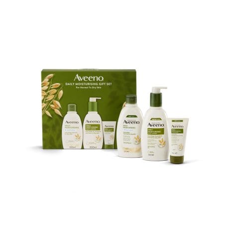 AVEENO® Daily Moisturising Gift Set featuring a 300ml Body Wash, 300ml Body Lotion, and 75ml Hand Cream. Ideal for sensitive skin, a 3-step skincare routine perfect as a Christmas present.