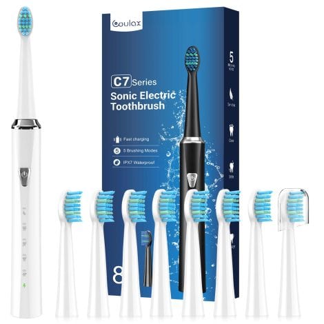 Electric toothbrush for both adults and children, rechargeable with 8 brush heads, provides 120 days of usage with a 3-hour quick charge. Offers 5 different modes and a 2-minute timer. Ideal gift for families.