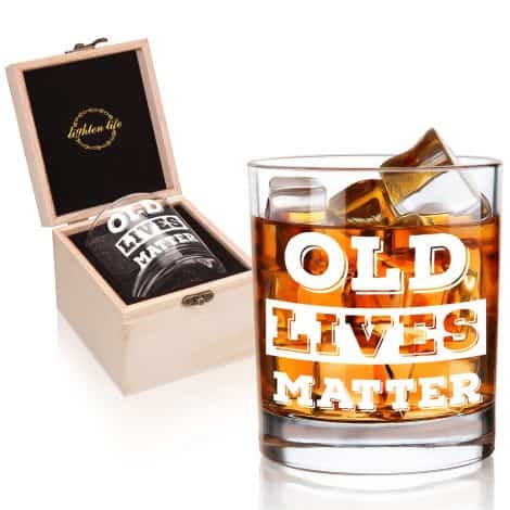 LIGHTEN LIFE Whisky Tumbler 12 oz, Rock Glass in Elegant Wooden Box, Humorous Present for Grandfather, Father, Traditional Glassware for Gentlemen