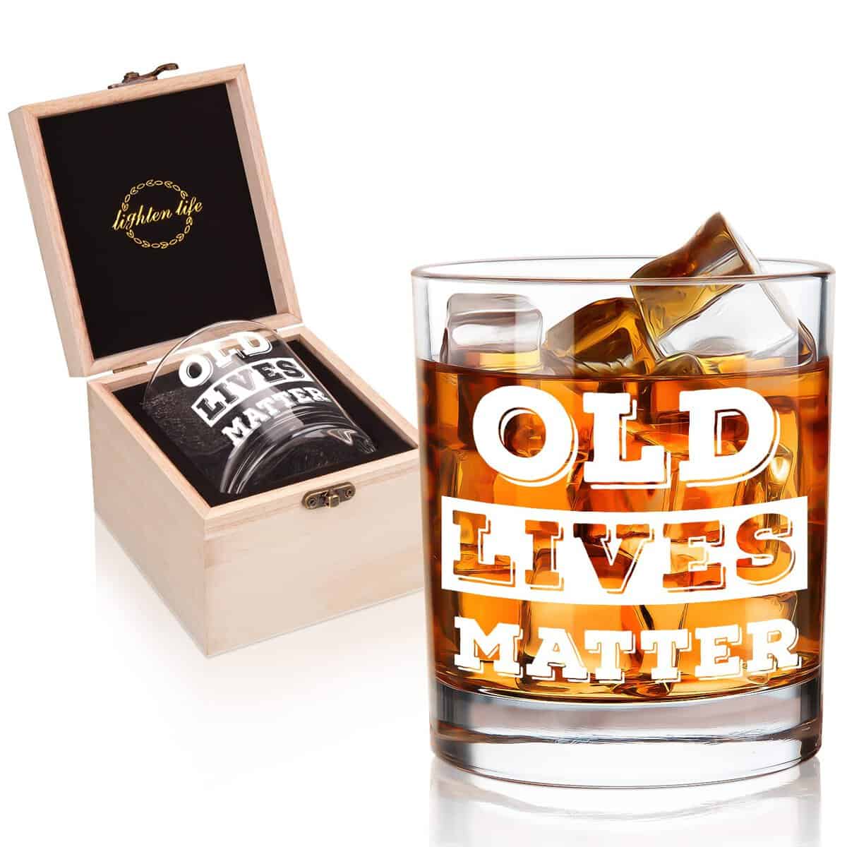 LIGHTEN LIFE Old Lives Matter Whiskey Glass 12 oz,Rock Glass in Valued Wooden Box,Funny Birthday or Retirement Gift for Grandpa,Dad,Old Fashioned Whiskey Glass for Men