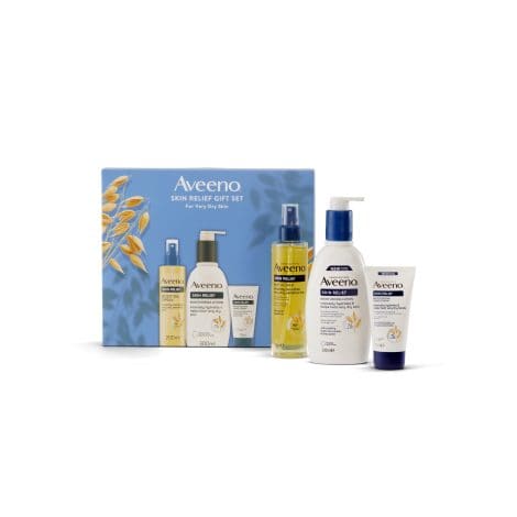 AVEENO® Skin Relief Gift Set with Moisturising Lotion 300ml, Body Oil Spray 200ml and Hand Cream 75ml, Sensitive Skin Gift, Aids in Soothing and Mending Dry Skin, Festive Season Present