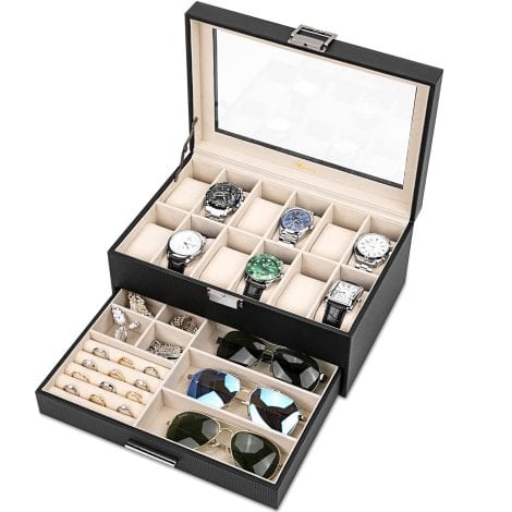 Voova Watch Boxes Organiser Jewellery Box for Men Women, 2-Level Large 12 Slot Faux Leather Watch Storage Case, Glass Top Jewellery Display Holder for Timepieces Eyewear Rings Necklaces Bracelets, Black.