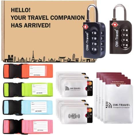 OW-Travel Essentials Men. A collection of essential accessories for men on holiday or traveling abroad. Includes TSA locks, luggage straps, and RFID sleeves. Perfect as travel gifts or birthday presents.