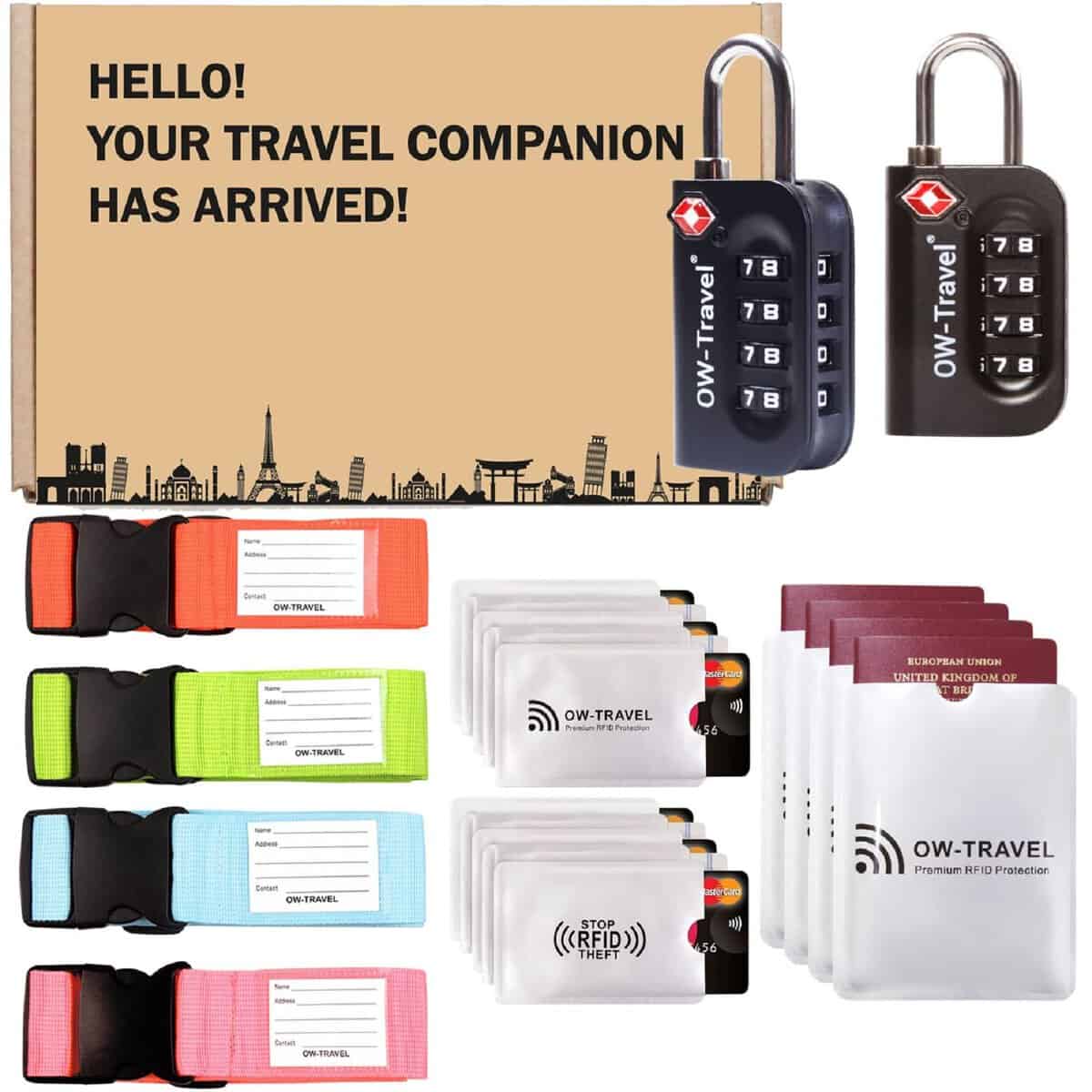 OW-Travel Essentials Men. Holiday Accessories for Abroad and Holiday Travel Essentials for Flying in a Box. Travel Gifts for Men and Birthday Presents: TSA Locks Luggage Straps RFID Sleeves