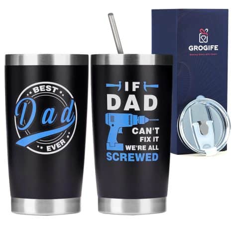 Grogife Dad Gifts, Hilarious Dad Birthday Presents, Stepdad and Father Gifts, and Dad Travel Coffee Cup.