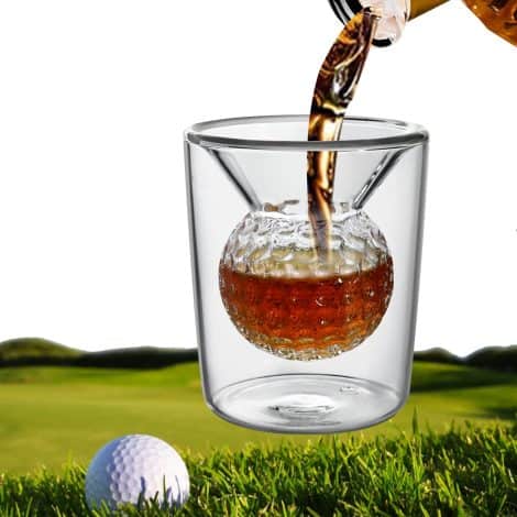 Golf-themed presents for male golf enthusiasts: Whiskey tumblers designed with golf ball shapes, featuring distinctive rum golf glass. Ideal drinkware for home bars, parties, and golf-related celebrations. Great birthday gift.