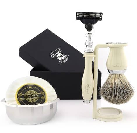 Haryali London 5-piece Men’s Shaving Set: Includes a 3-edge razor, black badger hair brush, stand, soap, and bowl. Ideal for men.