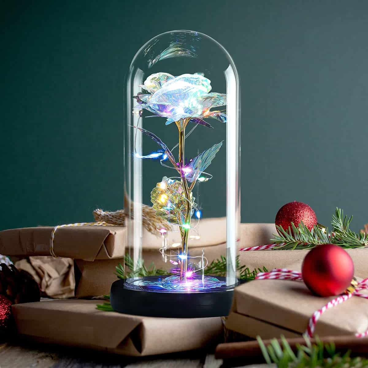 Hobyhoon Birthday Gifts for Her, Eternal Fake Roses Wedding Anniversary Valentines Gift for Her Nan Birthday Everlasting Artificial Forever Galaxy Flower Lights in Glass Dome for Christmas