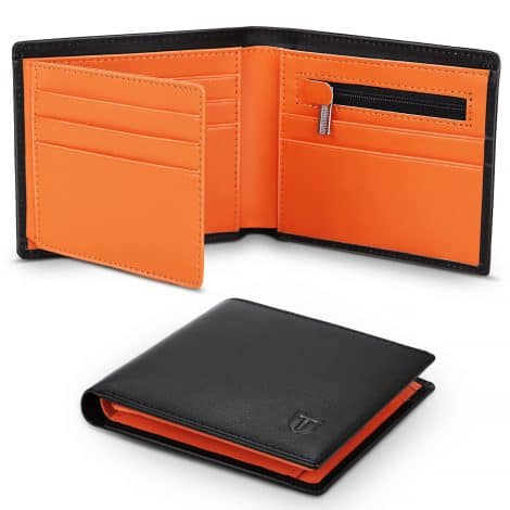 TEEHON® Men’s Slim Genuine Leather RFID Blocking Wallet with 11 Card Slots, 2 Note Compartments, Coin Pocket, in Black and Orange.