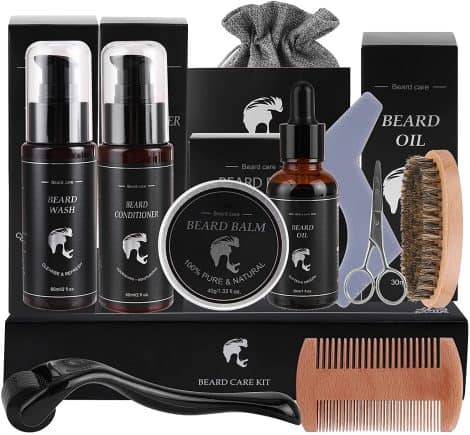 Beard Care Set, Complete Beard Growth Kit with Oil, Balm, Conditioner, Shampoo, Roller, Comb, Brush, Scissors, Bag, Ideal Male Gifts.