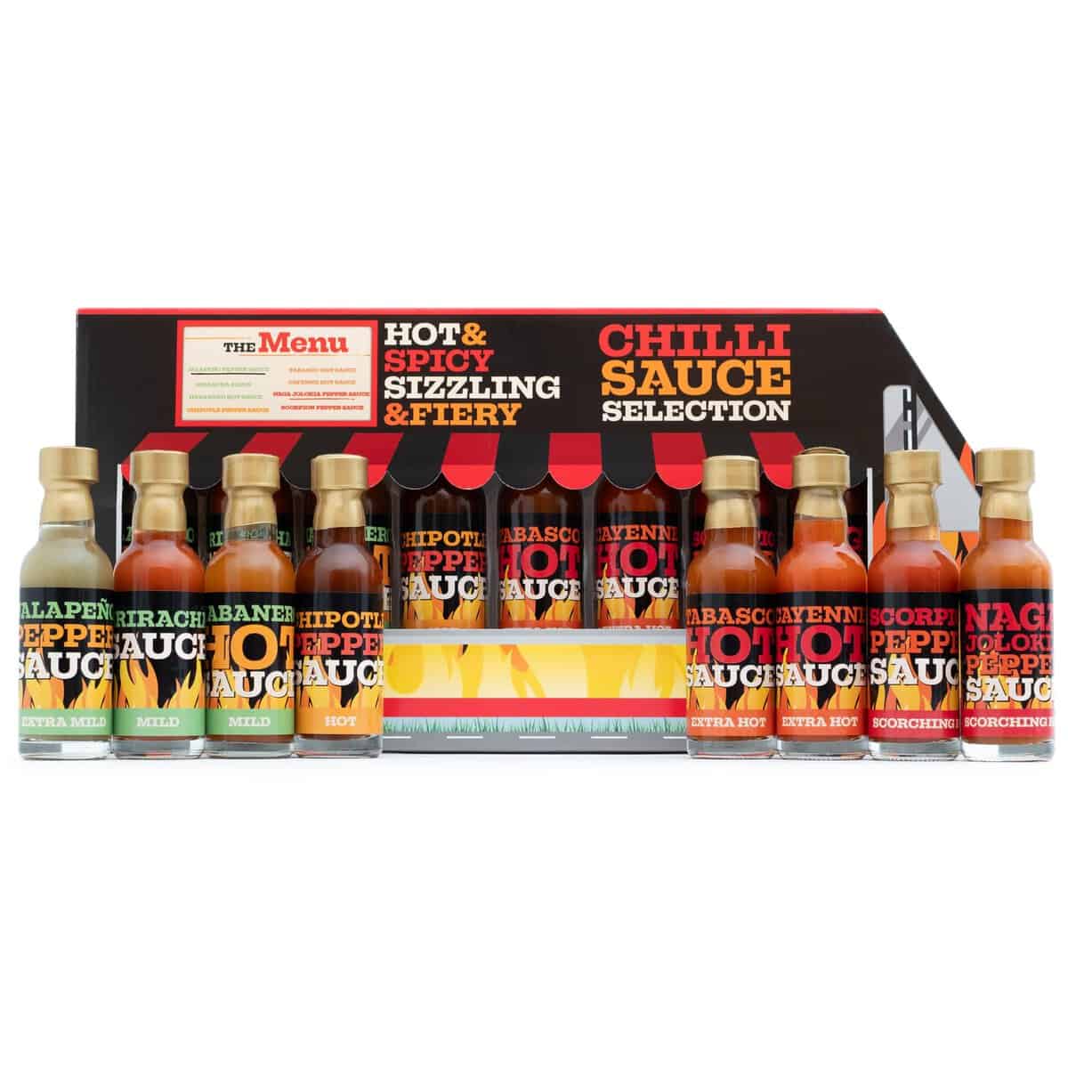 Hot Sauce Gift Set - Chilli Gifts for Men 8 Pack, Includes Sriracha, Tabasco, Naga and More - Spicy Challenge Food Gifts, Retro Mens Gift Set, Dad, Boyfriend Gifts, Christmas, Secret Santa Presents