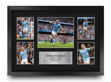 HWC Trading FR A3 Erling Haaland Manchester City Gifts, a signed football picture for fans, framed in A3 size.