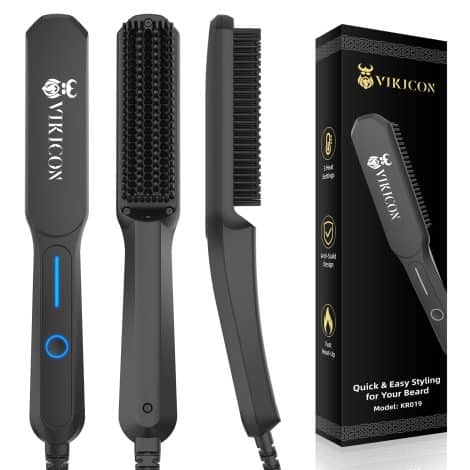 VIKICON’s beard straightening comb, a professional heated brush with anti-scald feature, 3 temperature settings, and LCD display. It’s a portable comb with an ionic hot function and comes with a travel bag. It’s an ideal gift for men.