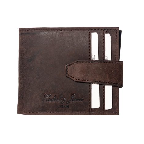 Hudson & James Men’s Wallet – Authentic Leather with RFID Blocking, Zip Coin Pocket, Card Holders, ID Window and Gift Box (Distressed Dark Brown).