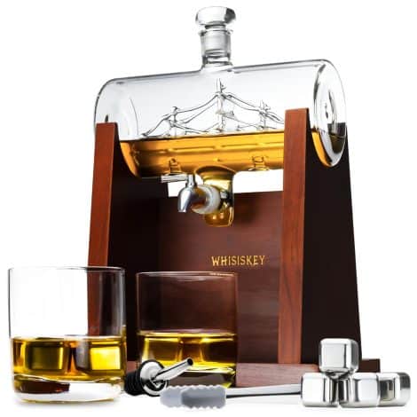 Whisiskey  Whisky Decanter  Sailing Vessel – 1000 ml  Whisky Carafe Set – Presents for Gentlemen  Contains 2 Whisky Glasses  4 Whisky Stones  Tap – Pouring Device  Glass Cover and Grip Tool.