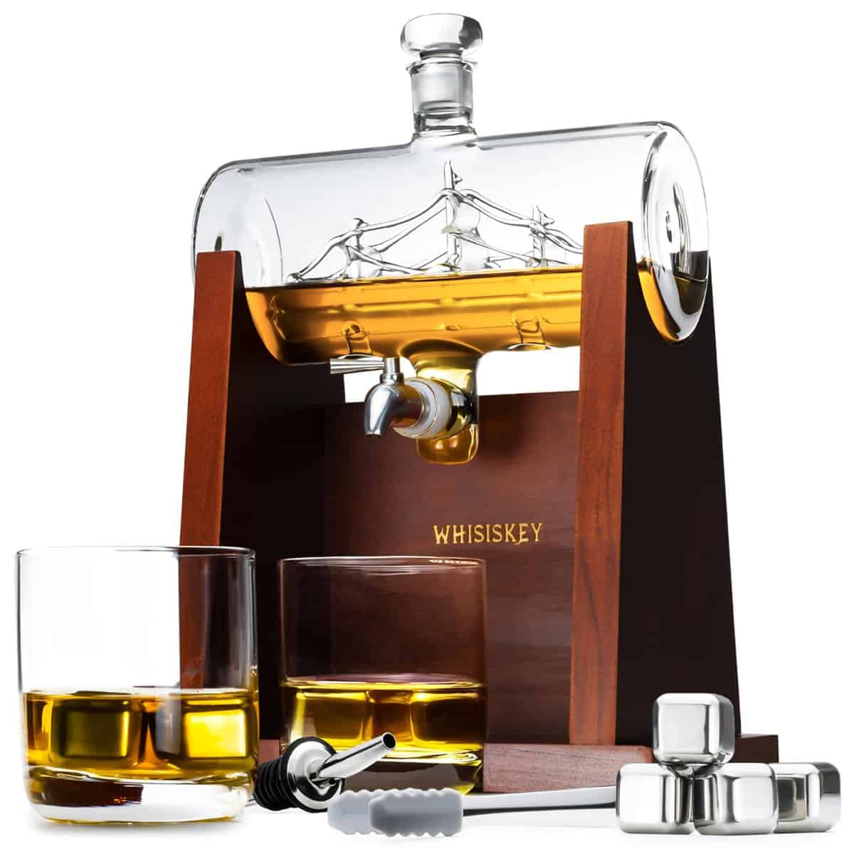 Whisiskey  Whiskey Decanter  Sailing Ship - 1000 ml  Whiskey Carafe Set - Gifts for Men  Inc. 2 Whiskey Glasses  4 Whiskey Stones  Draught - Spout  Glass Stopper and Pliers