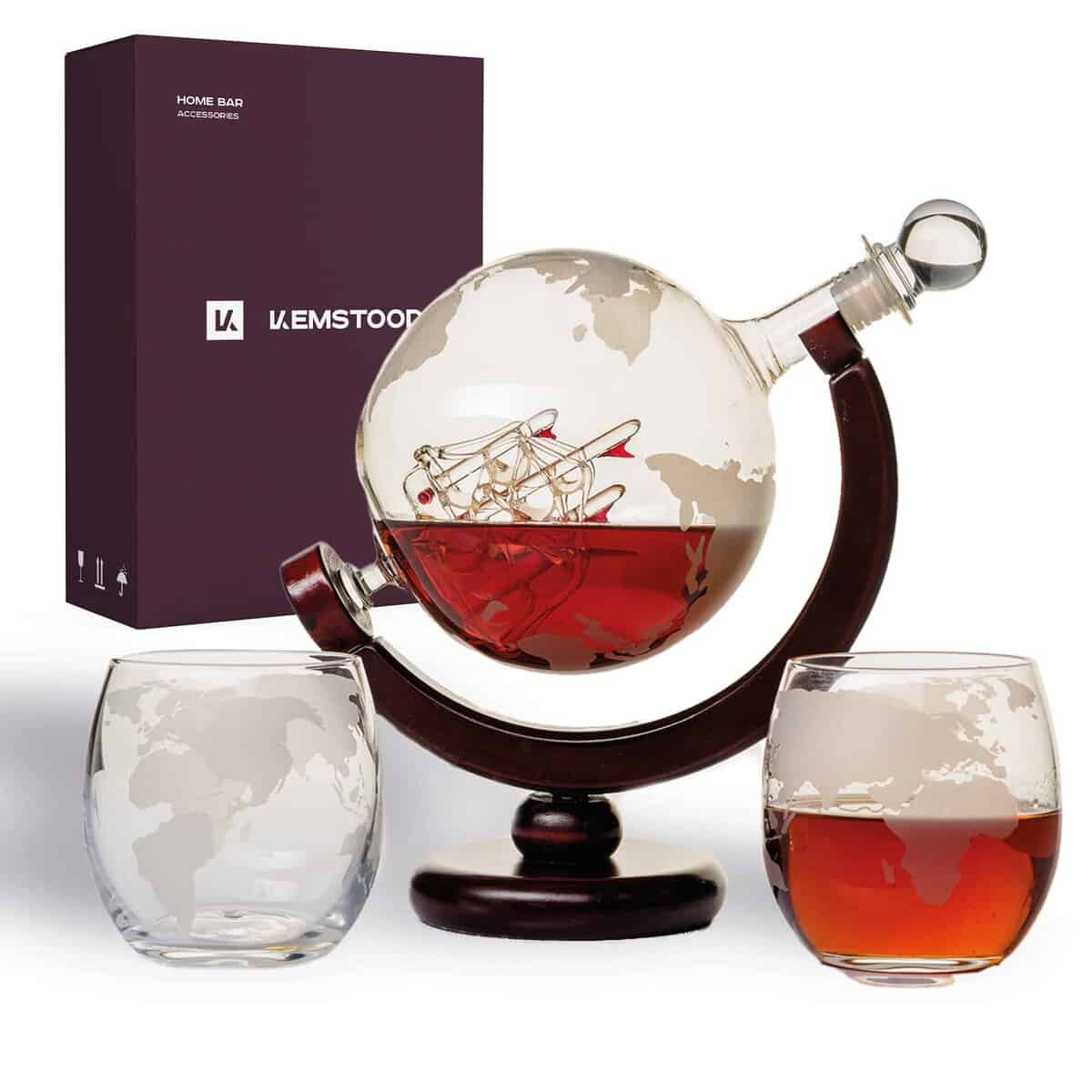 Kemstood Whiskey Decanter and Glass Set (850 ml) - Etched Whiskey Globe Decanter for Liquor, Bourbon, Vodka with 2 Glasses - Whiskey Gift Sets for Men - Home Bar Accessories for Alcoholic Drinks