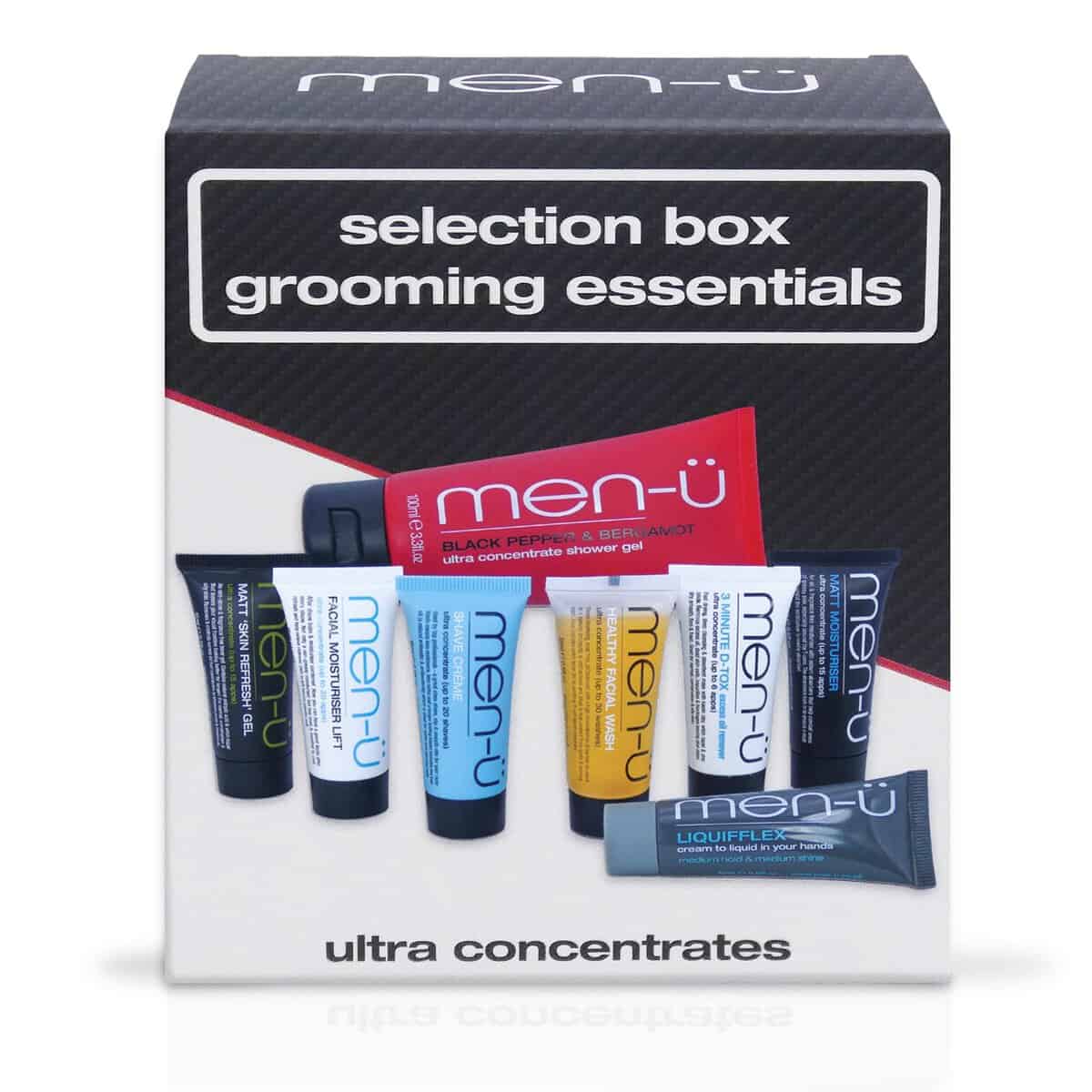 men-u mens gift sets SELECTION BOX GROOMING ESSENTIALS  Perfect mens skincare introduction. Mens toiletries set w/the full ultra-concentrate range. Body, Skincare & Styling Gifts for men by men-u